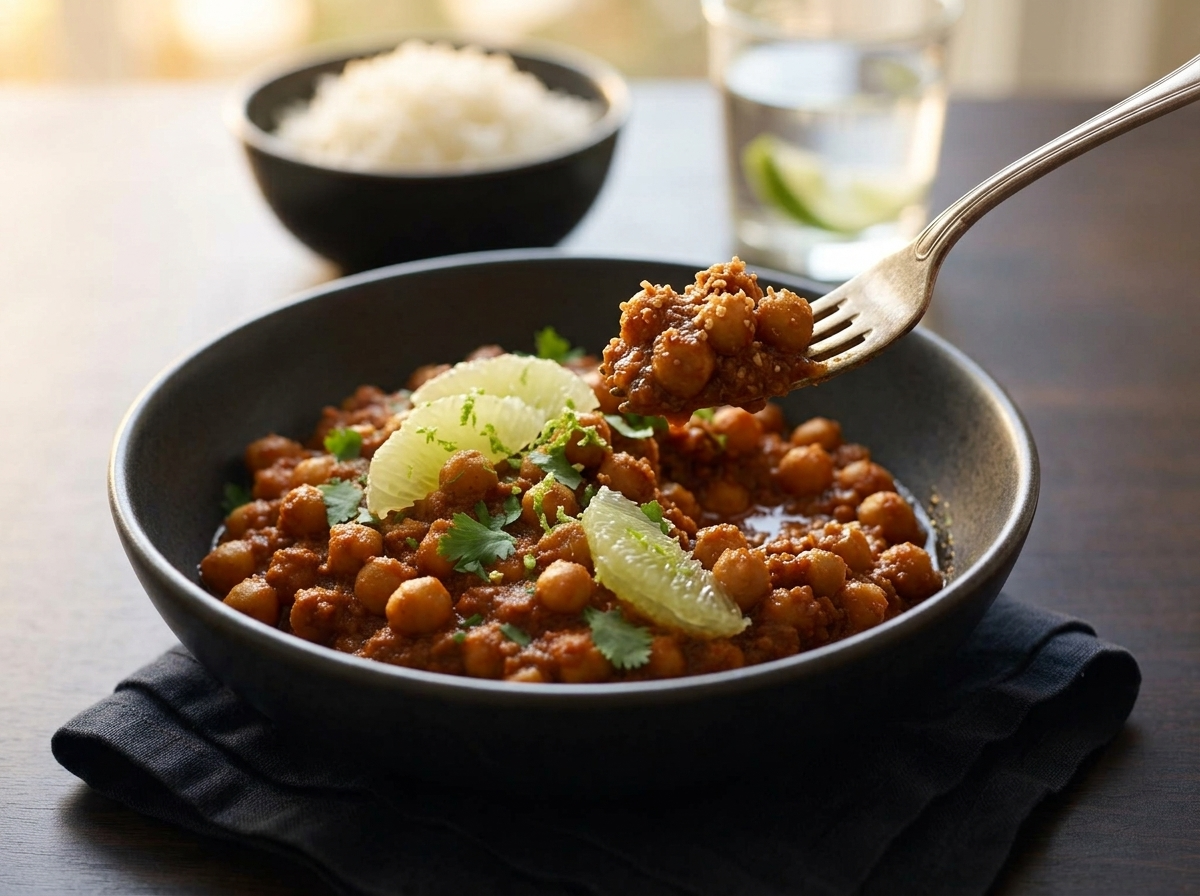 Wooden table scene with a bowl of chickpea rendang, steamed rice, chopsticks and a linen napkin in warm light.