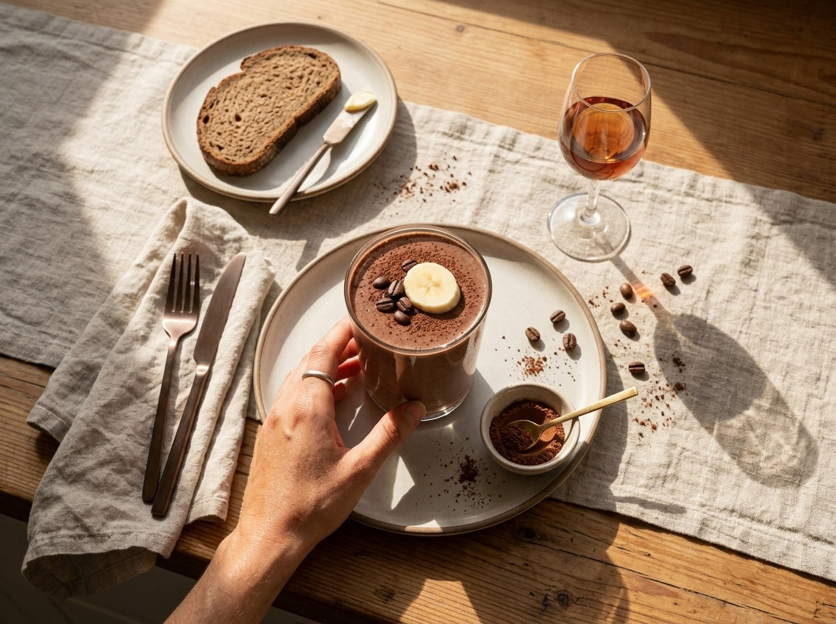 Hands wrapped around a glass of reishi mocha smoothie at a sunlit kitchen counter with linen napkin and coffee beans.