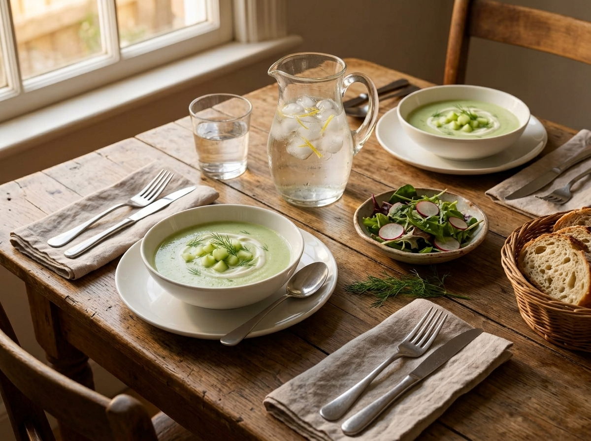 Two chilled bowls of cucumber dill vichyssoise on a rustic wood table with iced water and linen napkins