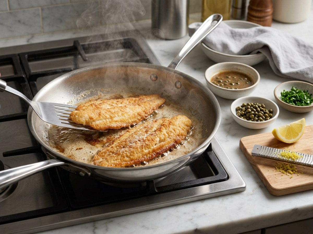 Sole fillets searing in foaming butter in a stainless steel skillet, edges turning golden brown during pan-frying