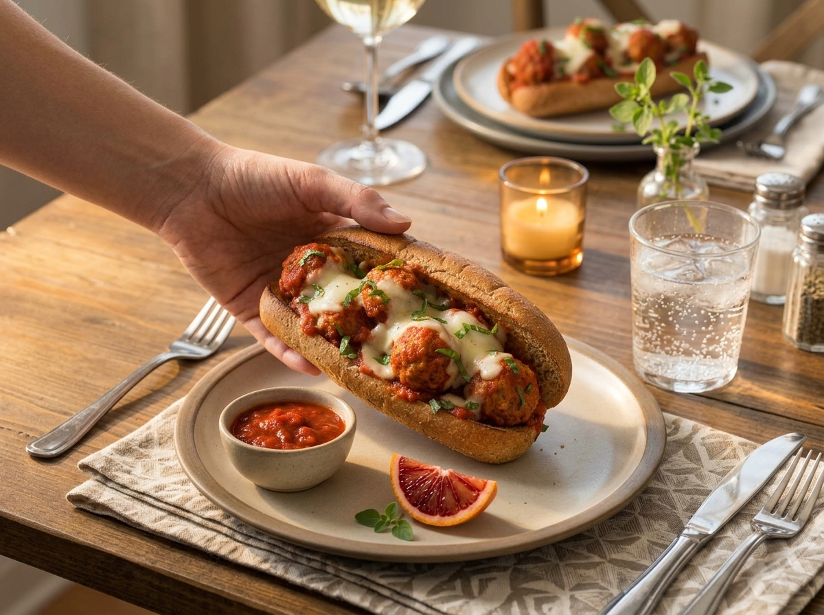 Hands lifting a stuffed meatball sub at a wood table set with a linen napkin and a bowl of marinara sauce.