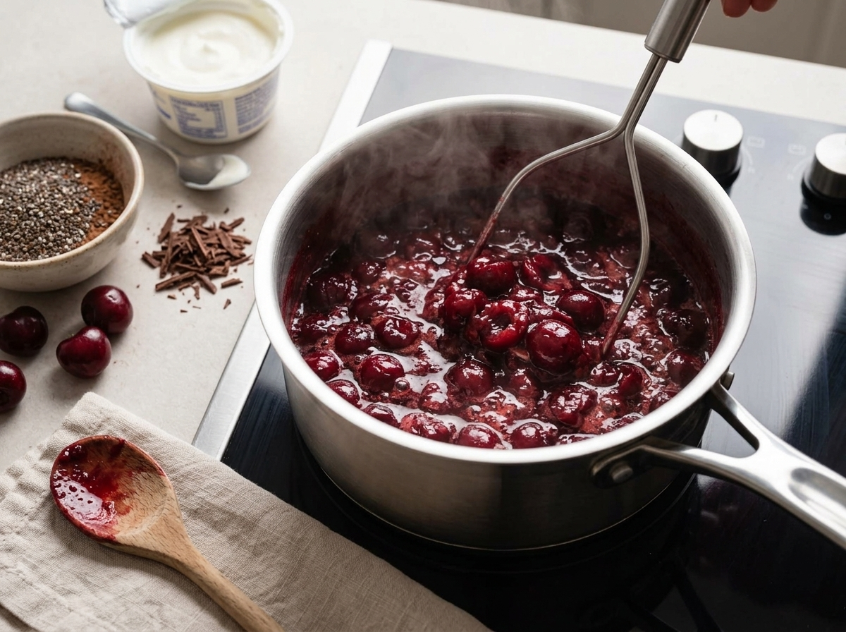 Cherries simmering and being mashed with a spoon in a small saucepan to make glossy low-sugar cherry compote