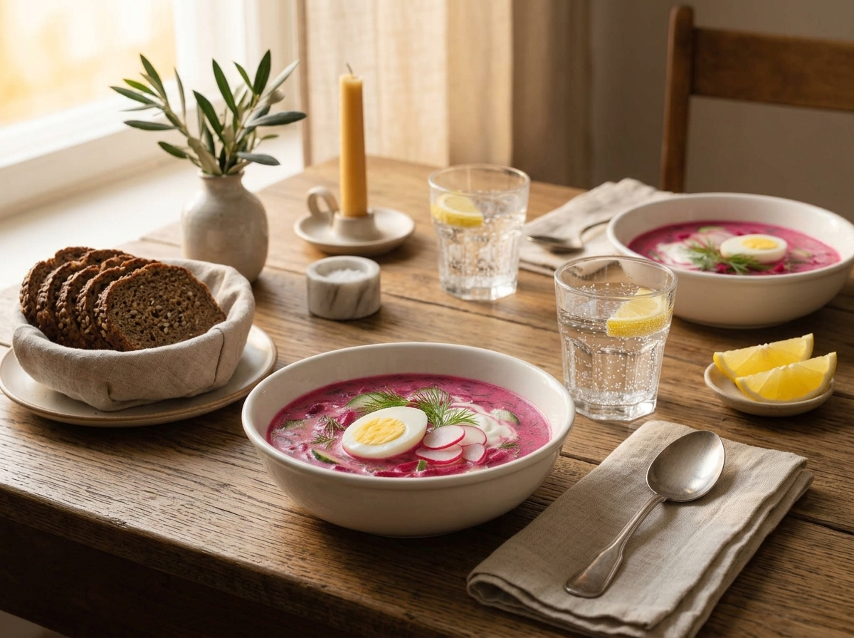 Two bowls of chilled beet borscht on a linen-covered table with rye bread and a glass of sparkling water nearby