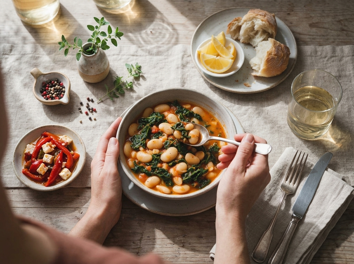 Hands holding a warm bowl of butter bean stew at a linen-set table with bread and a glass of wine nearby