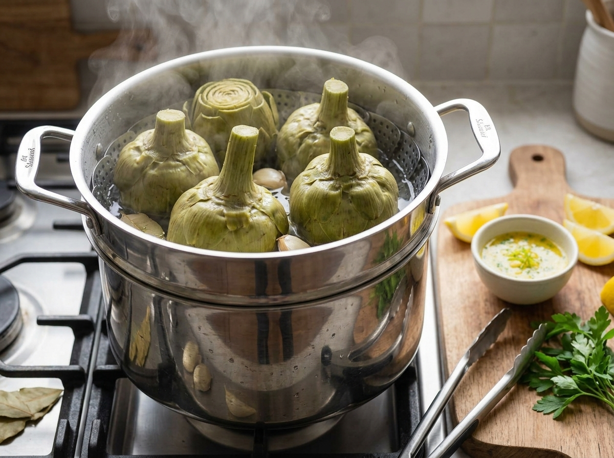 Four artichokes standing stem-down in a steamer basket over simmering garlic and bay leaf water, steam rising