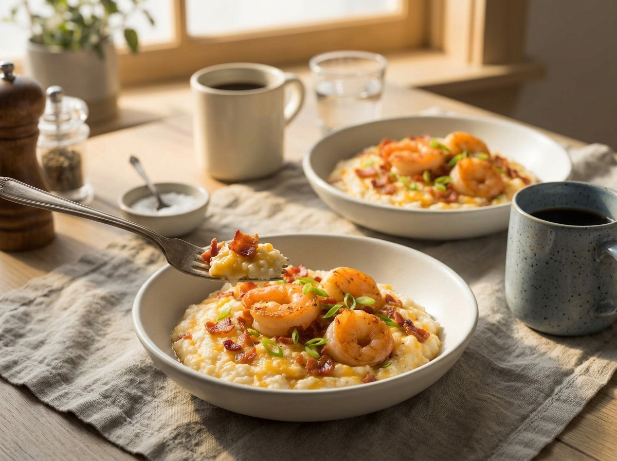 Two bowls of shrimp and grits on a linen napkin with coffee mugs and a fork mid-bite at a sunlit table.