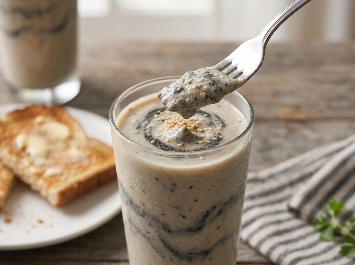 Two glasses of black sesame banana smoothie on a wooden table beside toast and a striped napkin in morning light