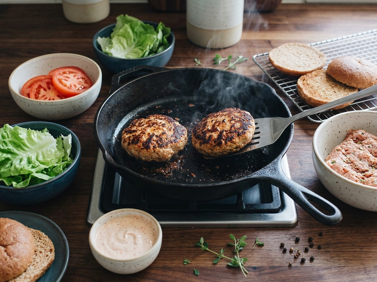 Two turkey burger patties searing in a cast-iron skillet with a deep golden crust forming on one side