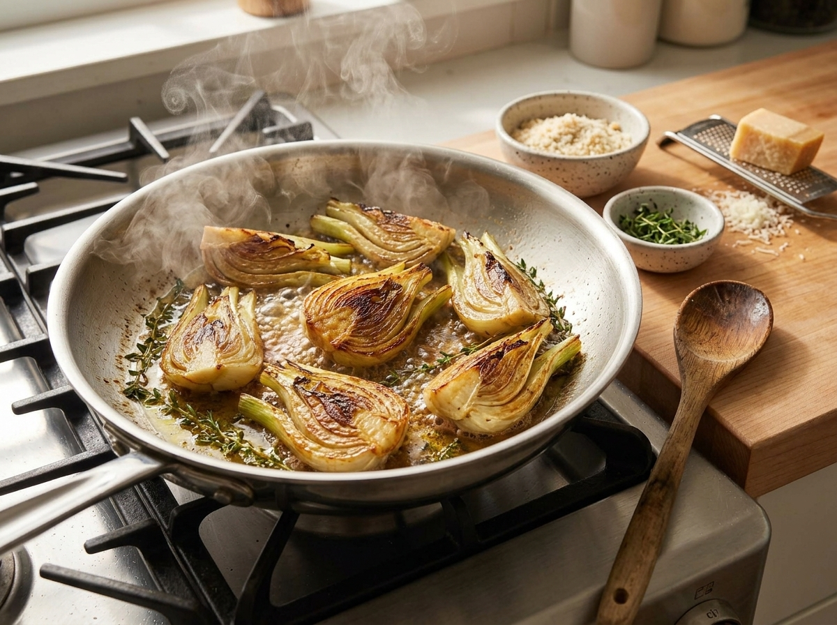 Fennel wedges sear cut side down in an oiled skillet, edges turning deep golden before the wine goes in.