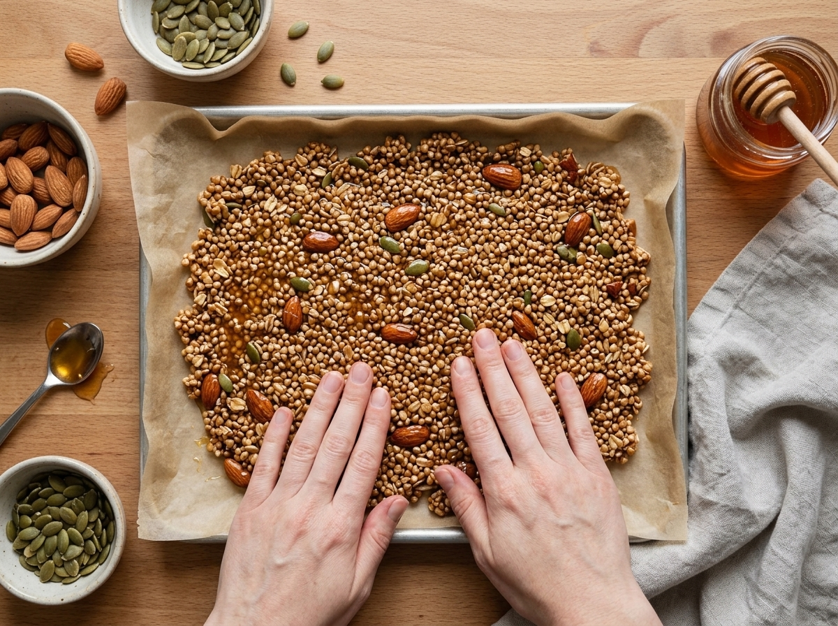 Hands pressing raw buckwheat and oat mixture into a parchment-lined sheet pan before it goes into the oven.