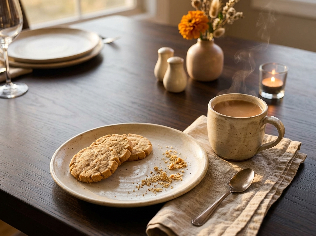A steaming mug of chai tea beside a small plate of shortbread cookies on a linen napkin in warm afternoon light.