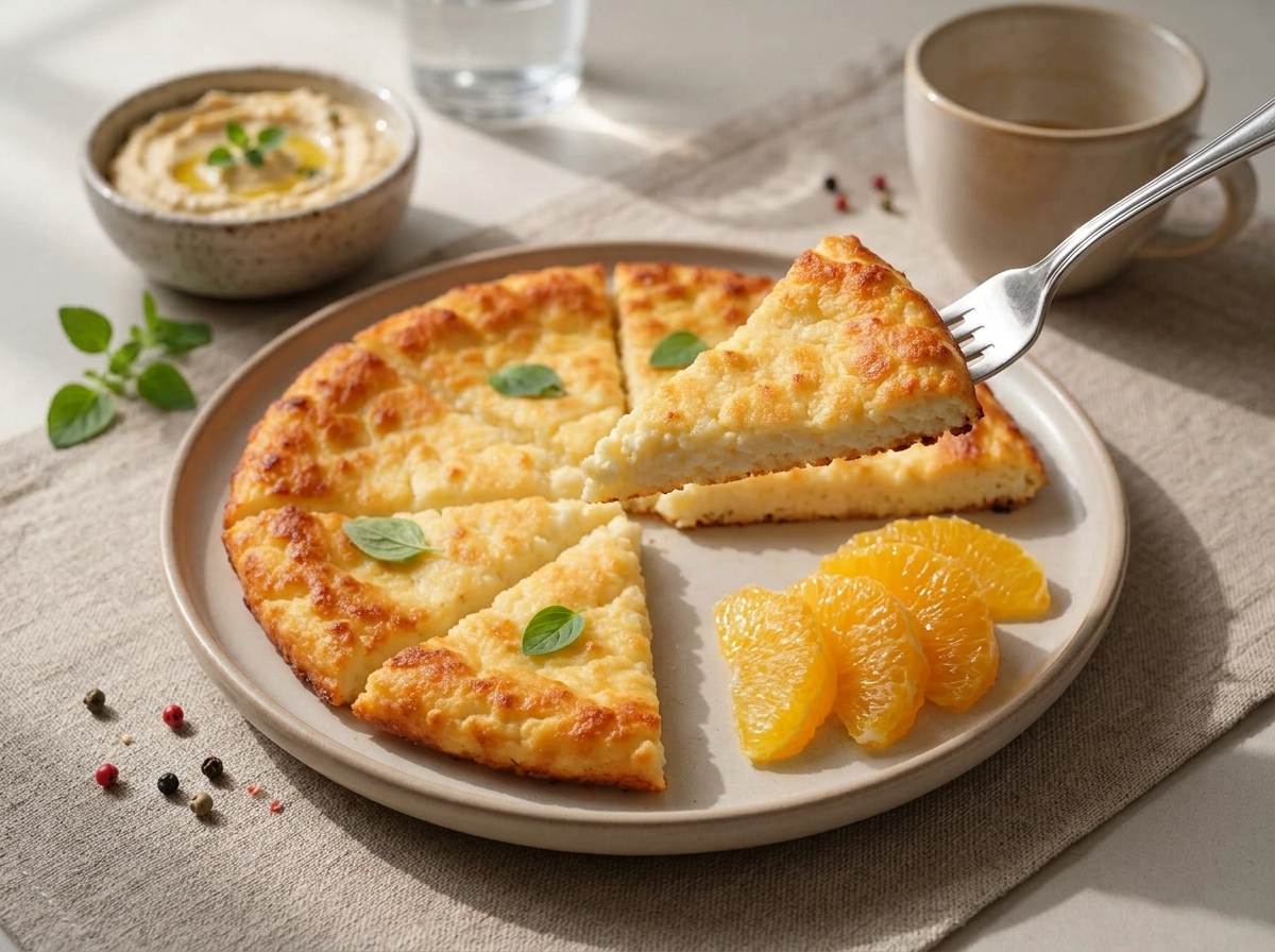 Hands tearing a warm cottage cheese flatbread wedge over a bowl of hummus on a linen-covered table