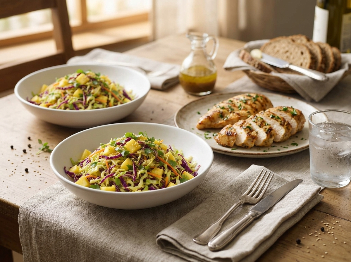 Two plates of pineapple ginger slaw next to grilled chicken on a linen tablecloth with a glass of water and folded napkin