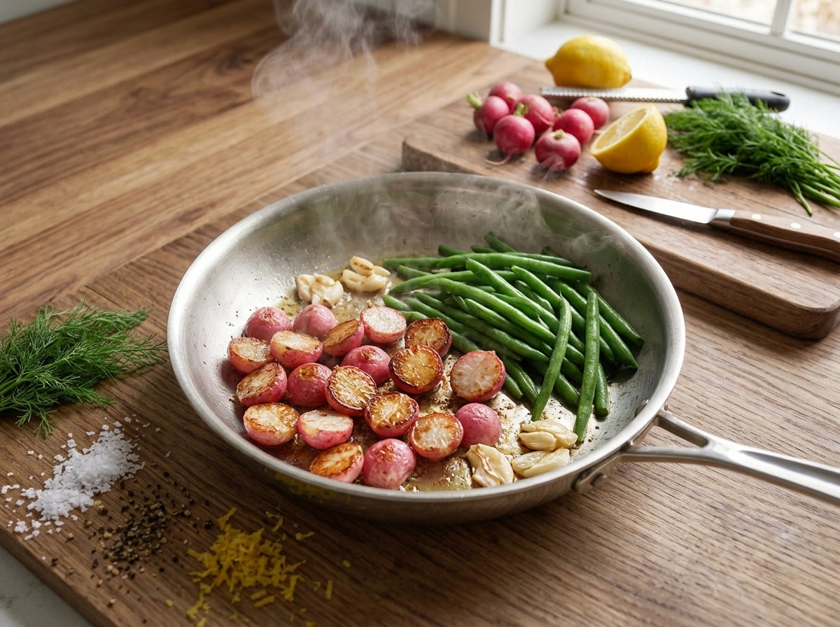Radishes searing cut-side down in a hot skillet, edges turning golden brown next to a pile of fresh green beans