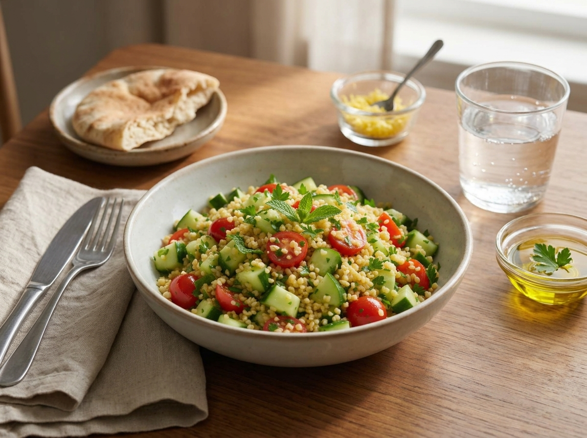 A wooden table set with the salad bowl, a small glass of water, and grilled pita in warm afternoon light.