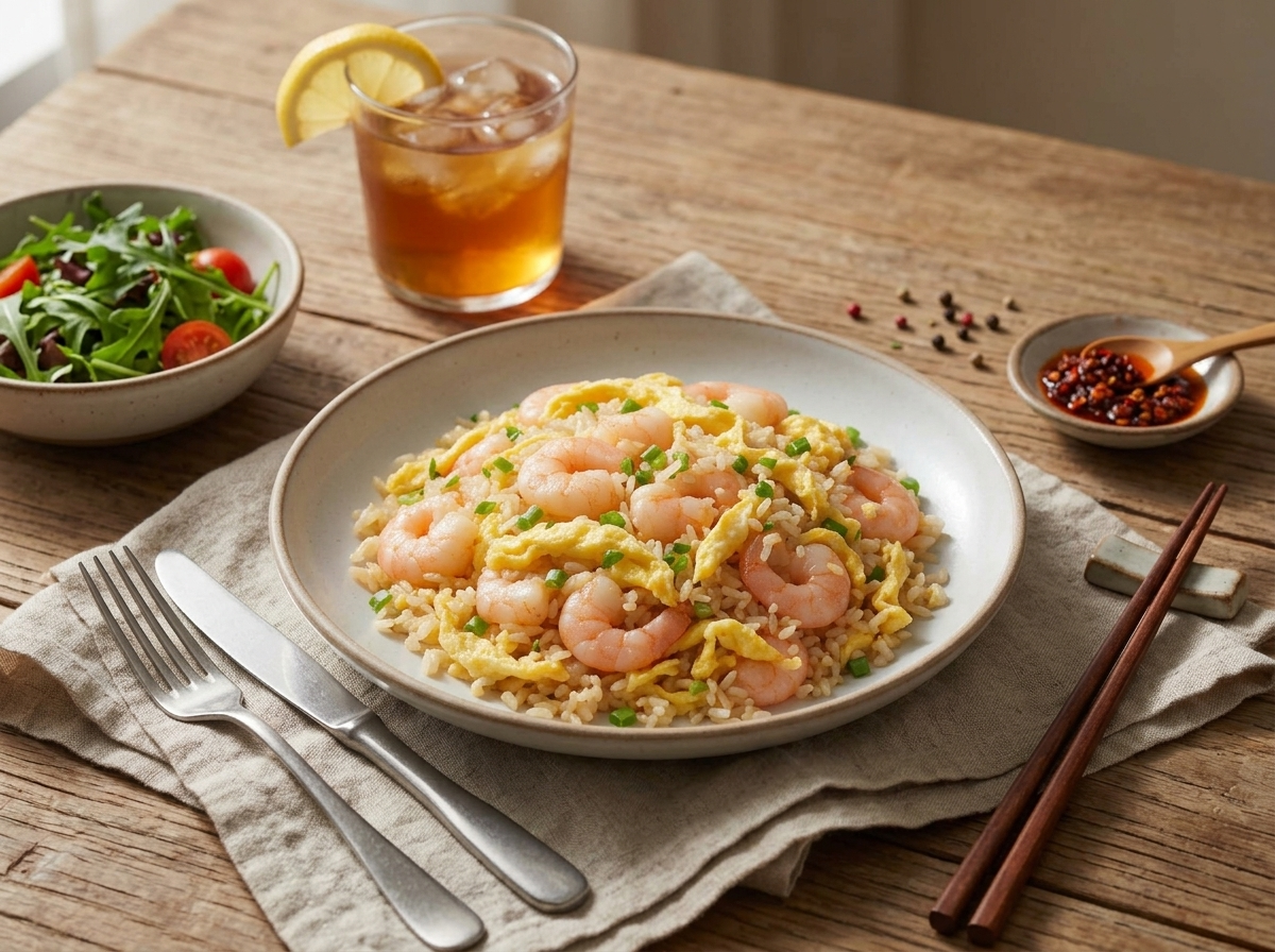 Bowl of prawn and egg fried rice on a linen napkin beside chopsticks and a small dish of chili crisp.