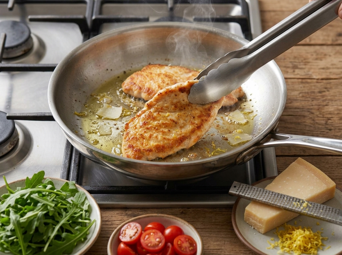 Two thin chicken cutlets searing golden brown in a stainless steel skillet with tongs lifting one piece