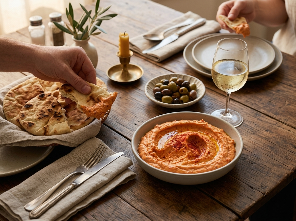 Hands tearing warm pita to scoop red pepper and almond dip at a rustic table set with linen napkins.
