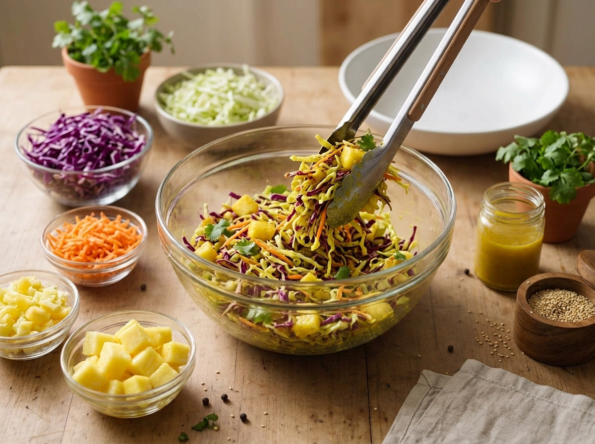 Hands tossing shredded cabbage and pineapple with turmeric dressing using tongs in a glass mixing bowl on a wooden counter