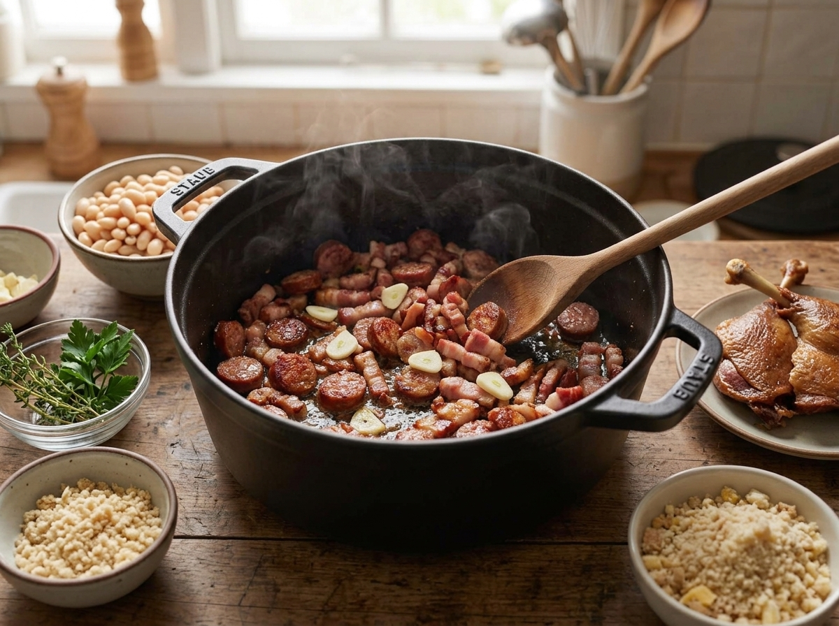 Bacon and garlic sausage browning in a Dutch oven, rendered fat pooling around crisped edges before the beans are added