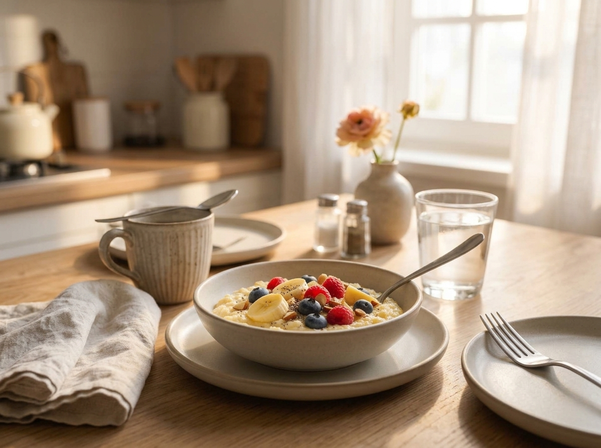 A wooden table set with a bowl of millet porridge, a linen napkin, and a cup of coffee in soft morning light