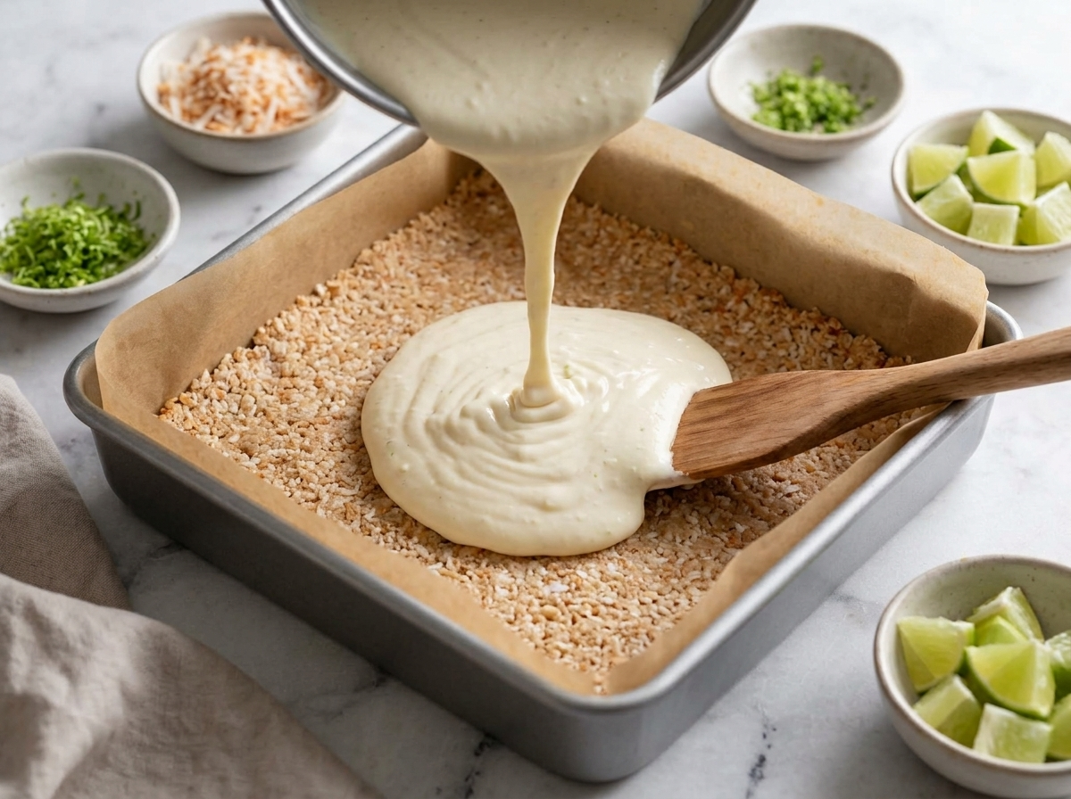 Cream cheese filling being poured over a pressed coconut-almond crust in a parchment-lined baking pan.