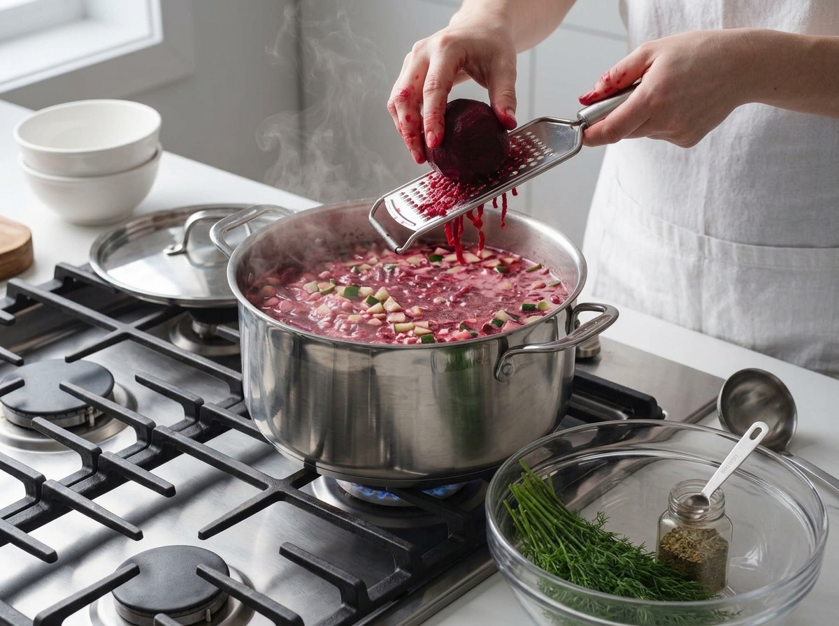 Hands grating cooked beets into a glass bowl of buttermilk, cucumber, and chopped dill on a wood counter