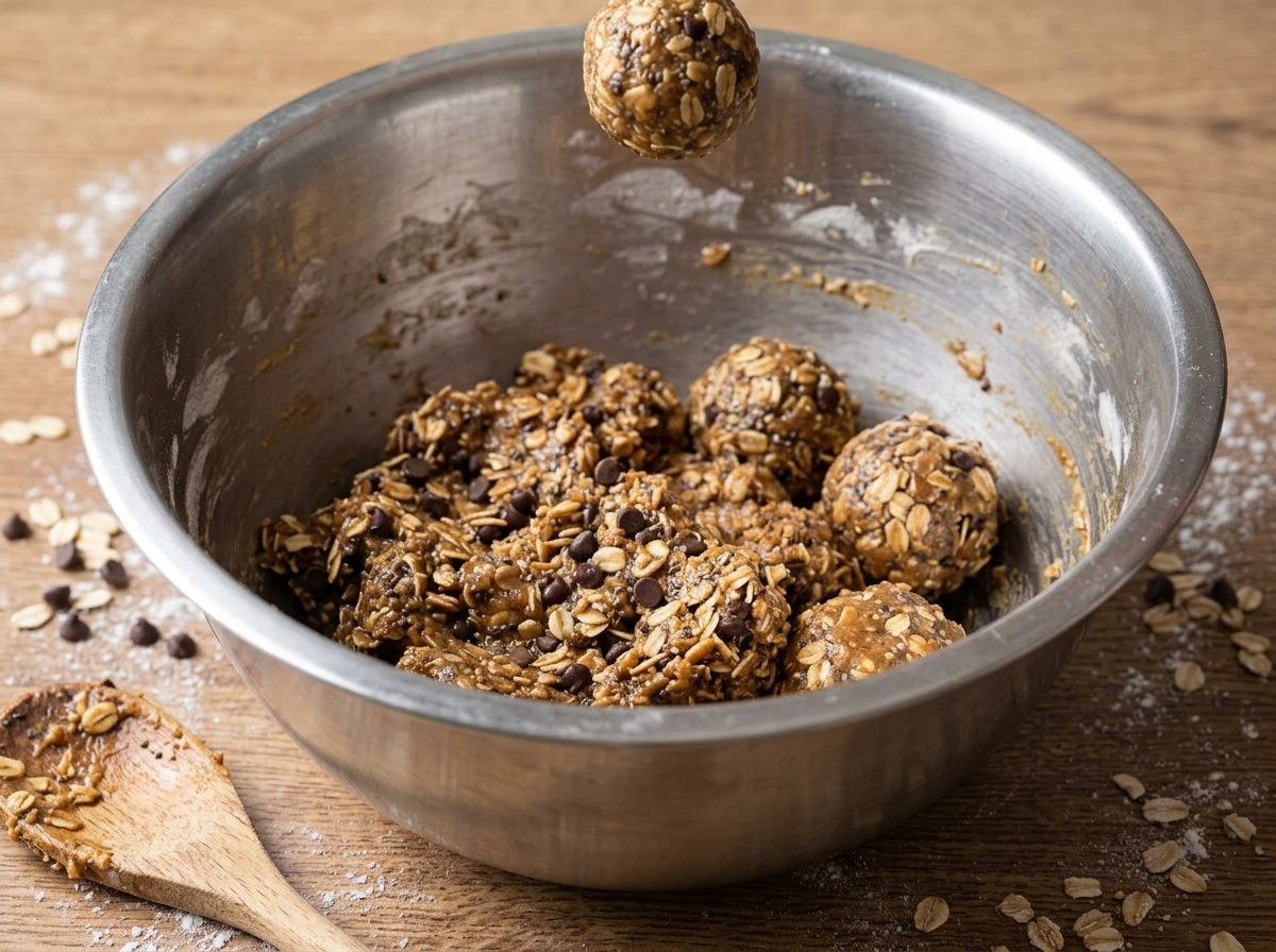 Hands rolling sticky sunflower seed butter and oat dough into a round ball over a stainless mixing bowl.