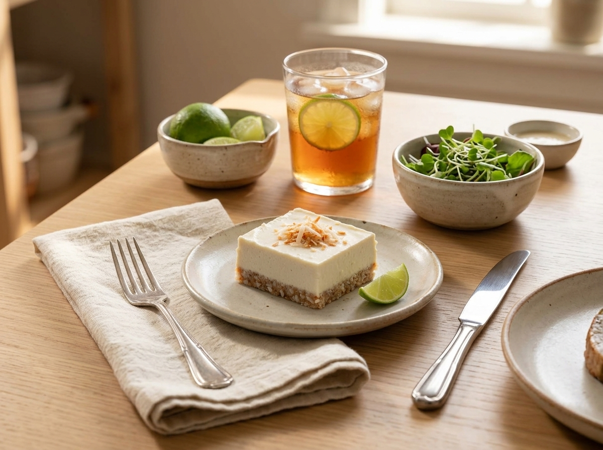 A single coconut lime cheesecake bar on a small plate with a fork, linen napkin, and glass of iced tea.