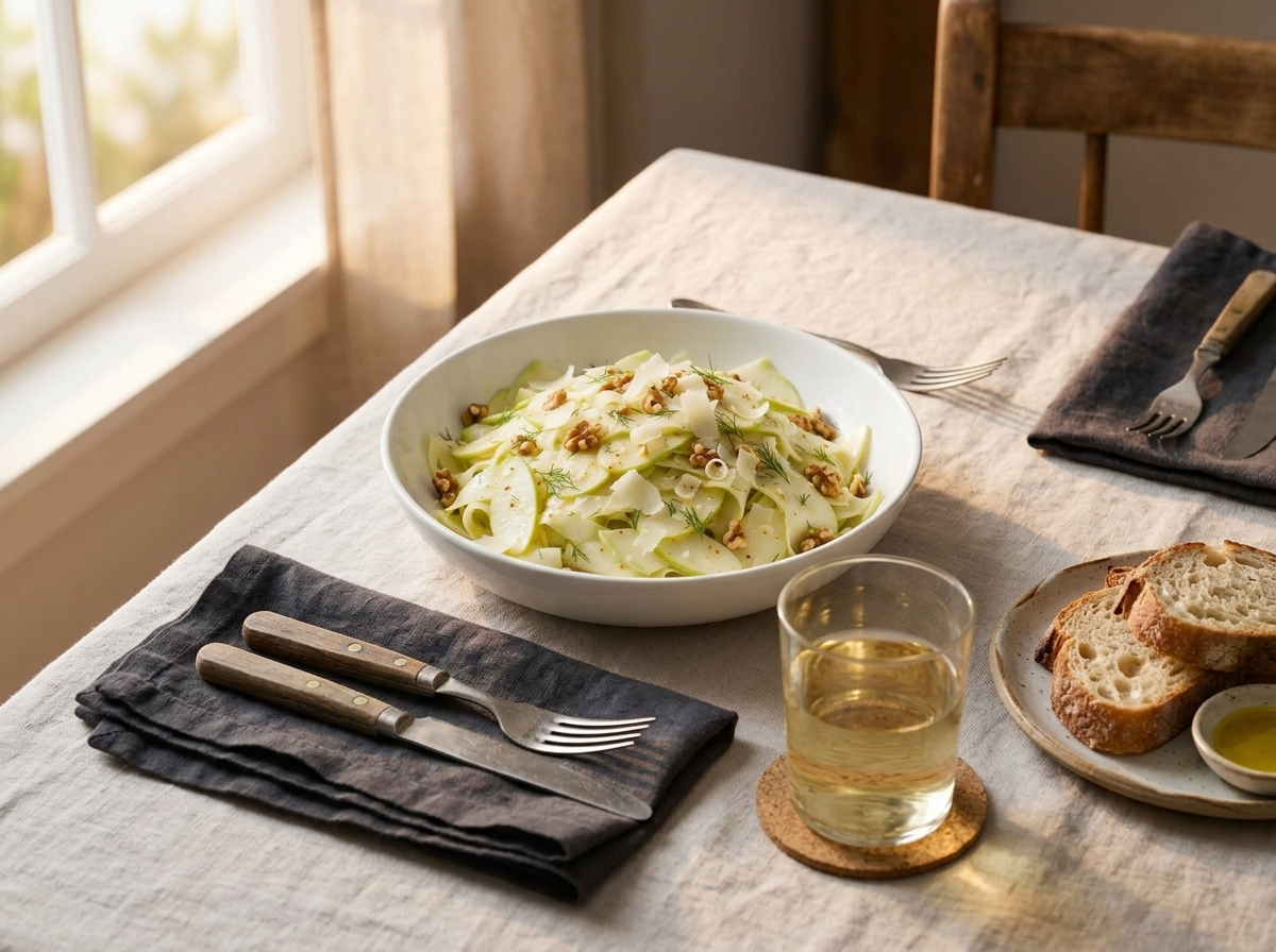 A rustic wooden table set with the salad bowl, two forks, a glass of white wine, and warm afternoon light across the linen.
