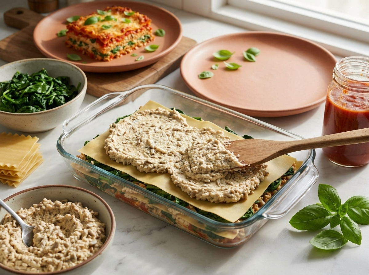 Hands spreading thick sunflower seed ricotta over noodles in a glass baking dish with marinara sauce visible nearby