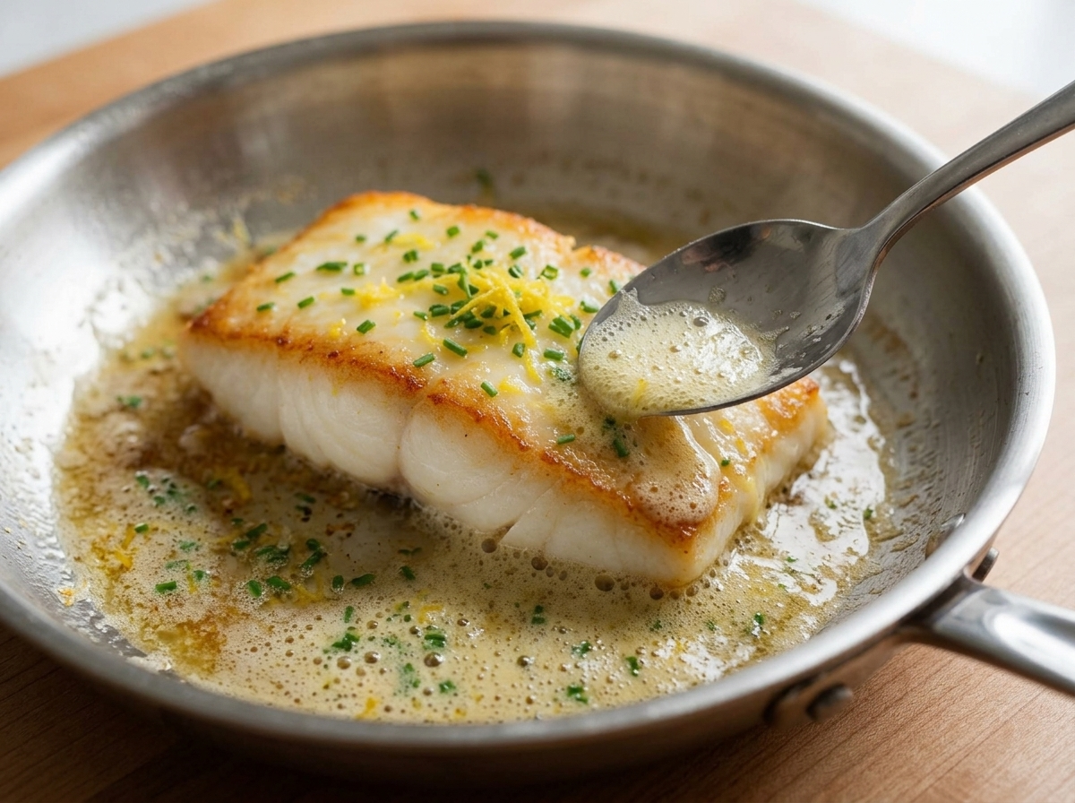 Chef tilting a stainless skillet to baste a seared halibut fillet with foaming butter and golden pan drippings