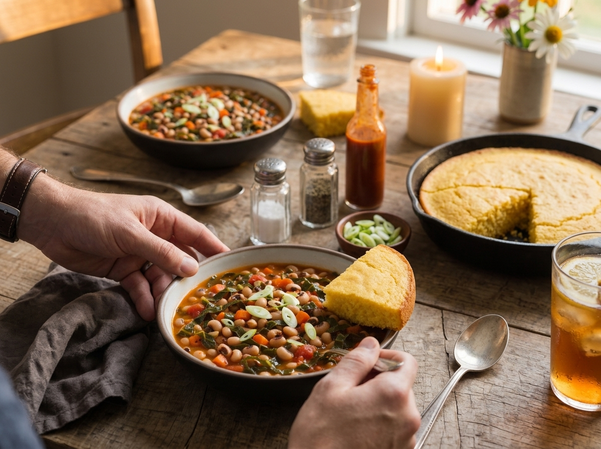 Two bowls with scallions and hot sauce on a linen-covered table set for a weeknight dinner