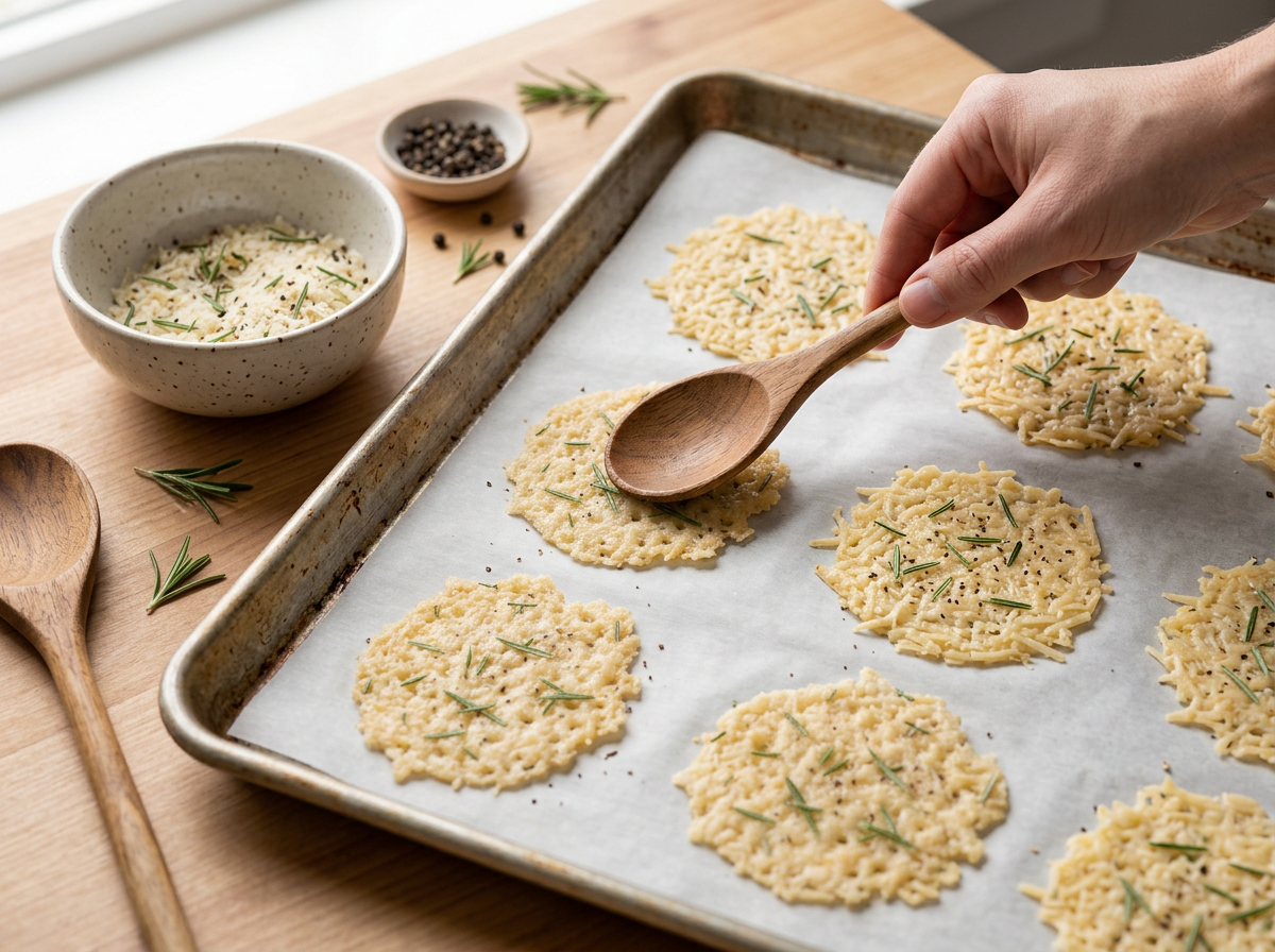 Heaped tablespoons of grated Parmesan and chopped rosemary being patted into thin rounds on a parchment-lined sheet pan