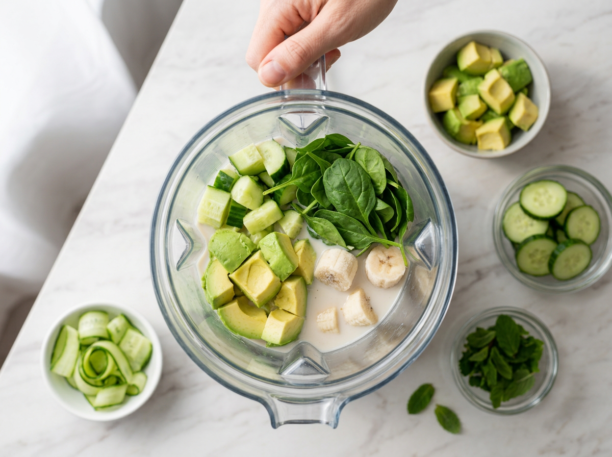 Blender jar packed with avocado, cucumber chunks, spinach, and banana slices just before blending on a counter