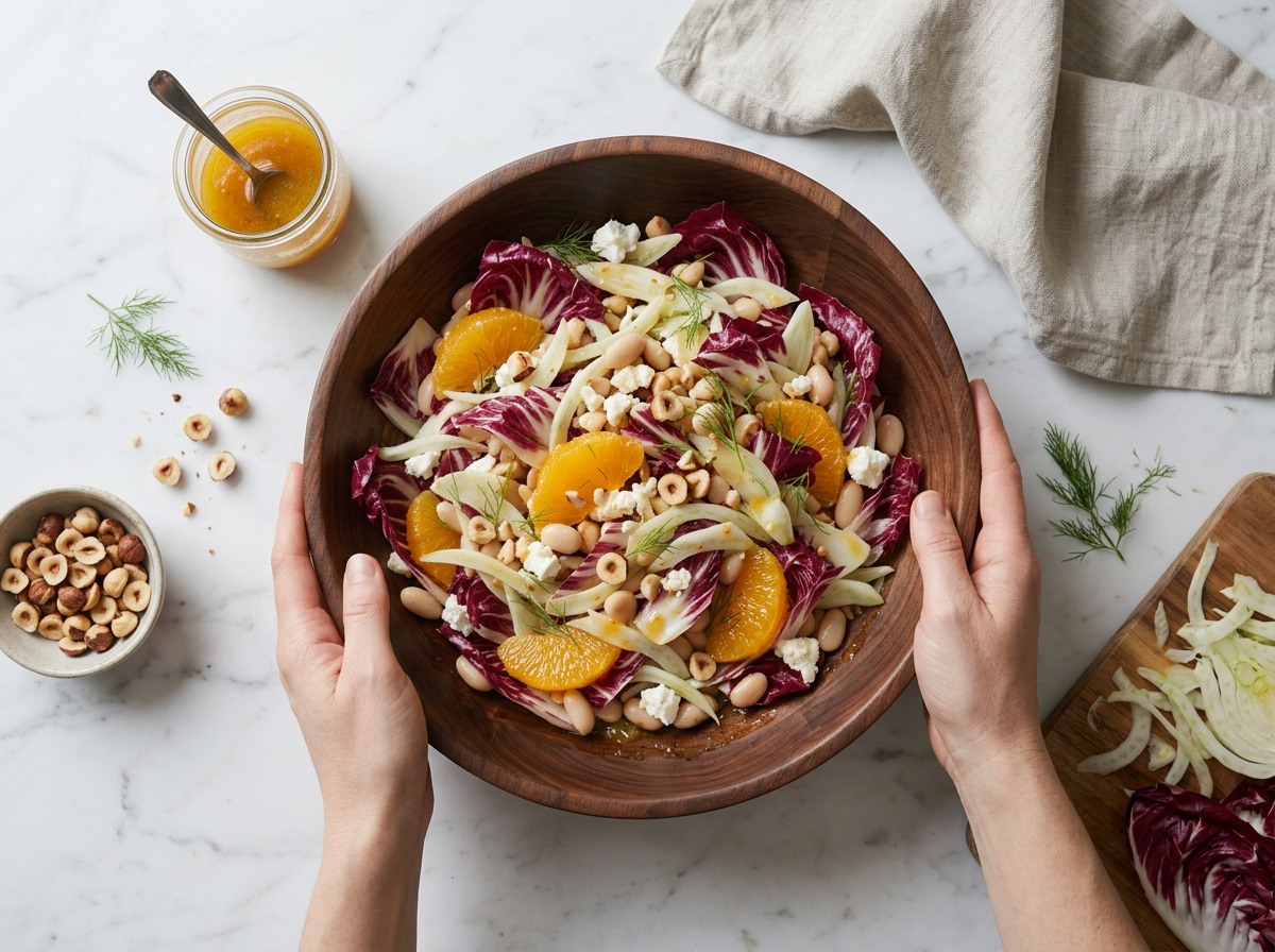 Hands tossing sliced radicchio and fennel with orange dressing in a wide wooden bowl, juice pooling at the bottom