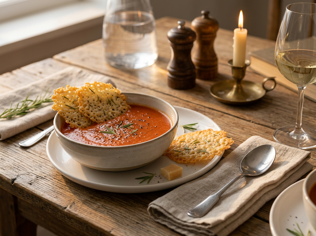 Bowl of tomato soup with cheese crisps on the side, a linen napkin and a glass of white wine on a wooden table