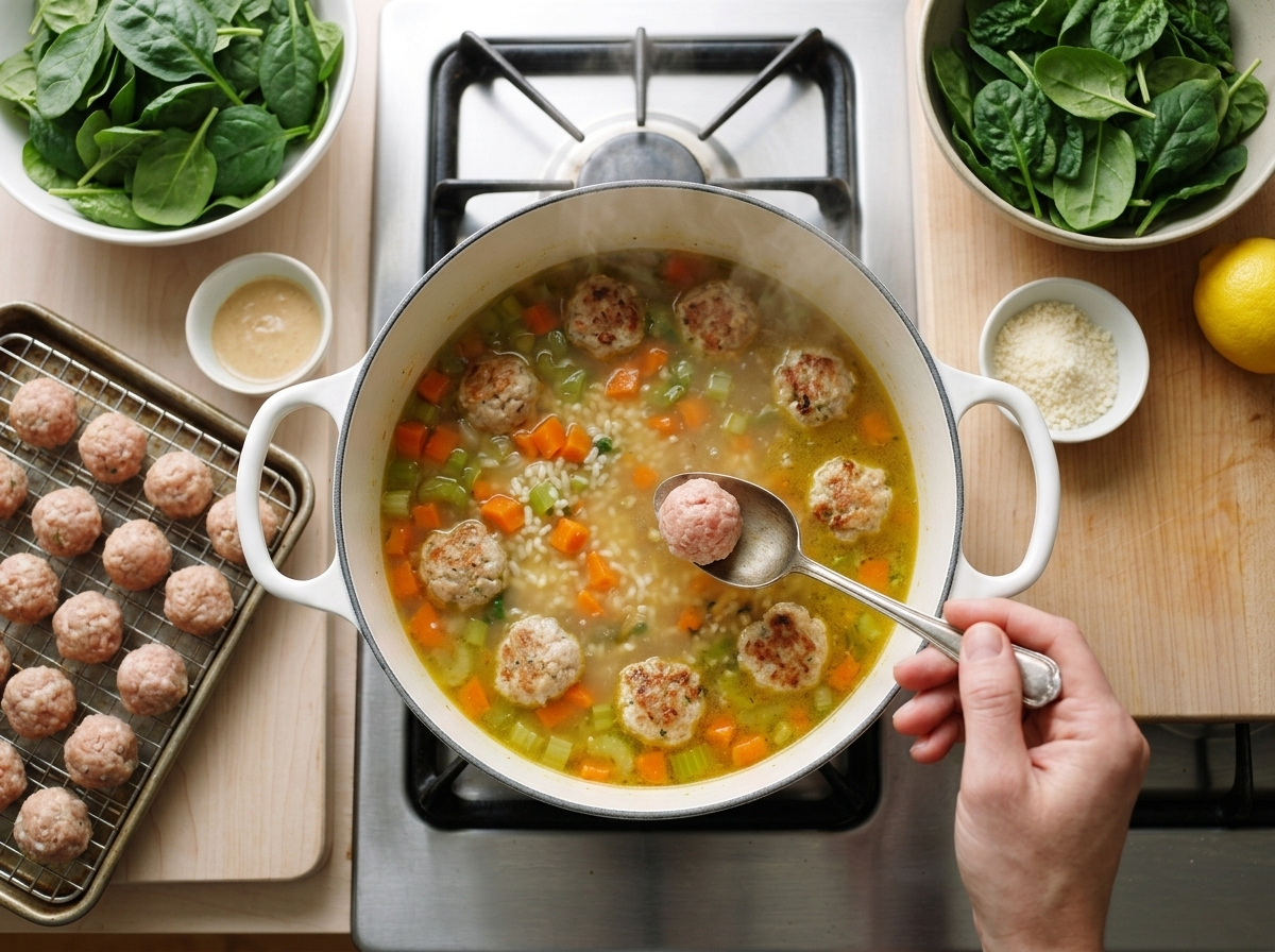 Raw meatballs lowered by spoon into simmering broth with diced carrots and rice in a Dutch oven