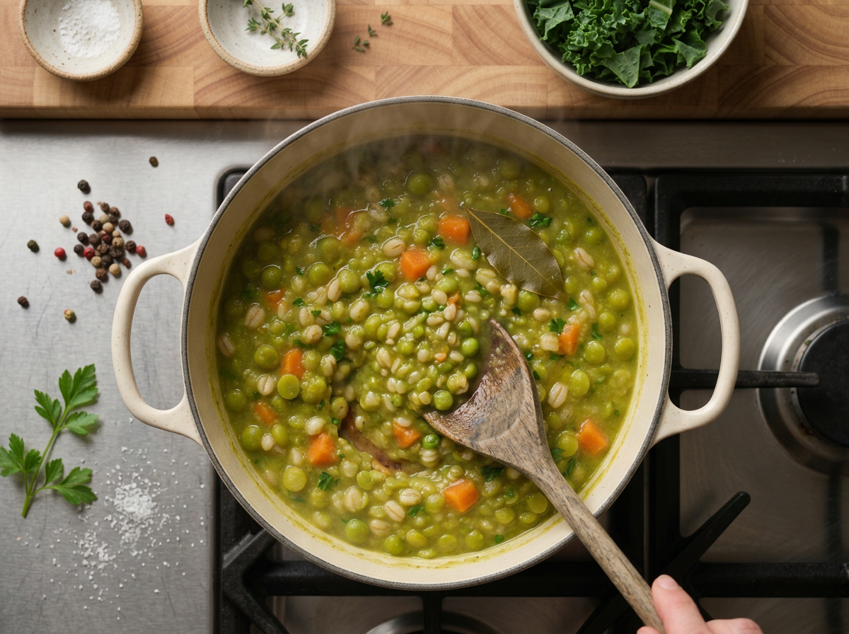 Wooden spoon scraping the bottom of a Dutch oven as peas, barley, carrots and celery simmer with a bay leaf