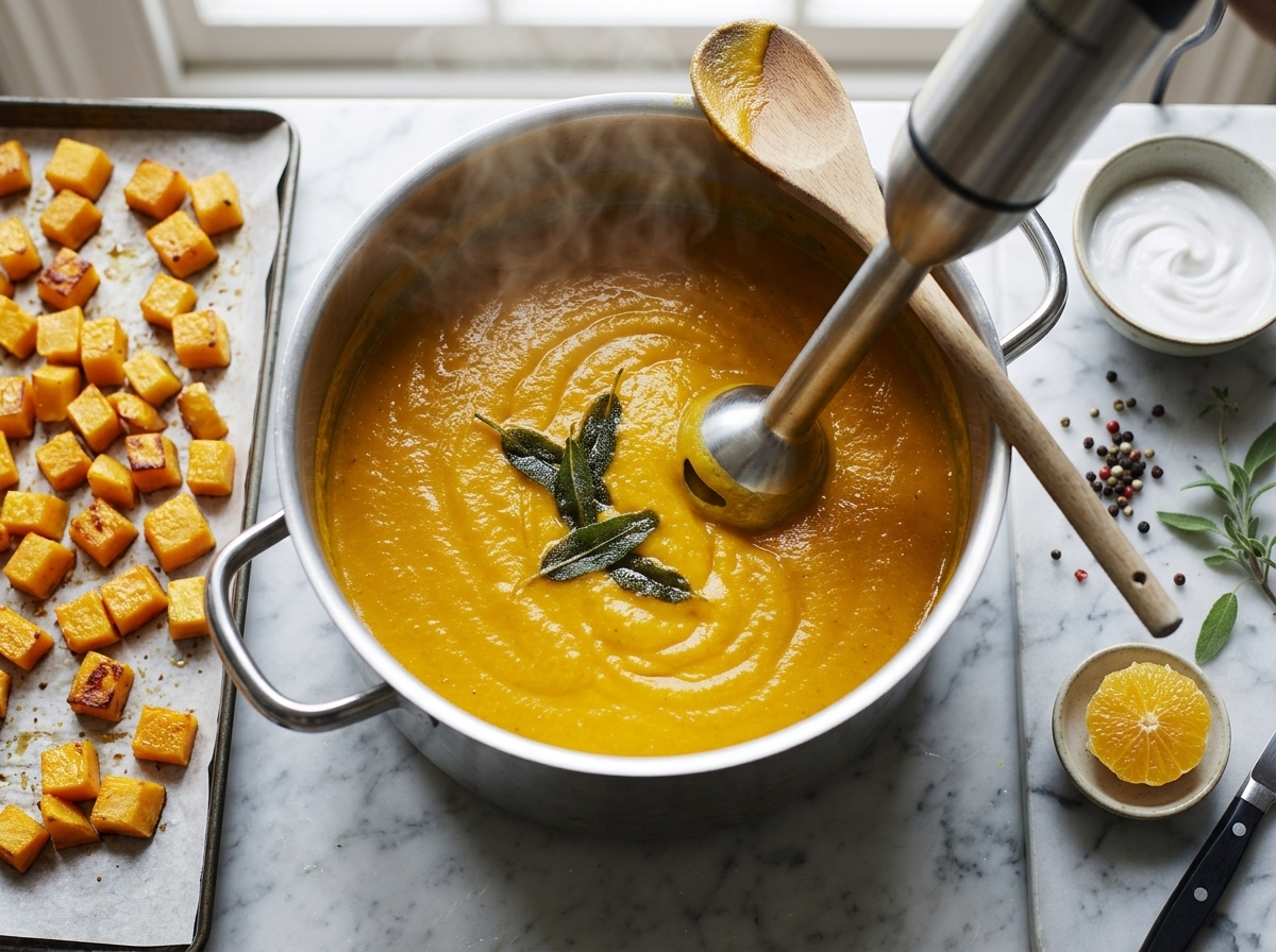 Immersion blender turning roasted squash, onion and sage into smooth orange soup inside a steel pot