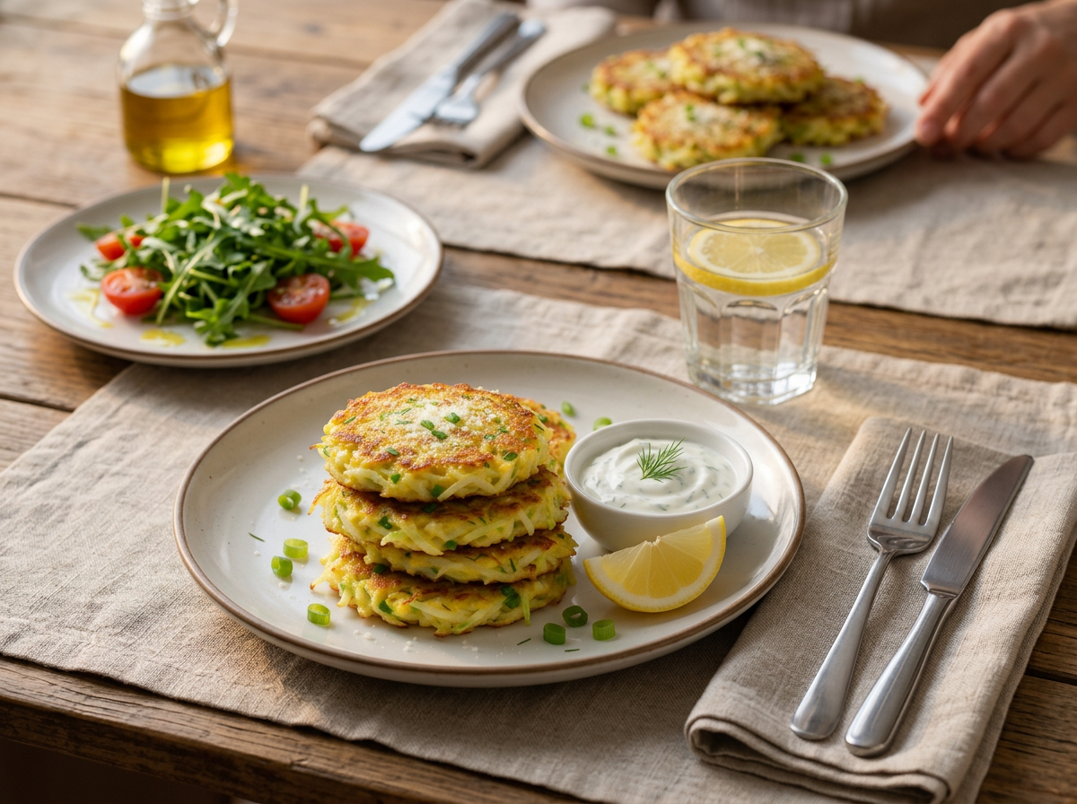 Two plates with arugula salad and dip set on a linen-covered table for a relaxed weekday lunch