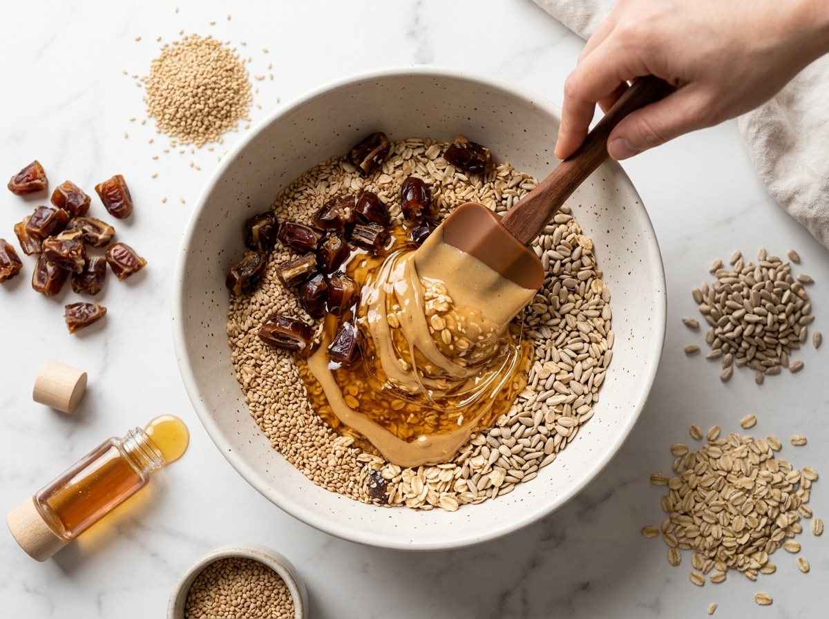 Spatula folding warm tahini and honey into toasted oats and sesame seeds in a ceramic mixing bowl