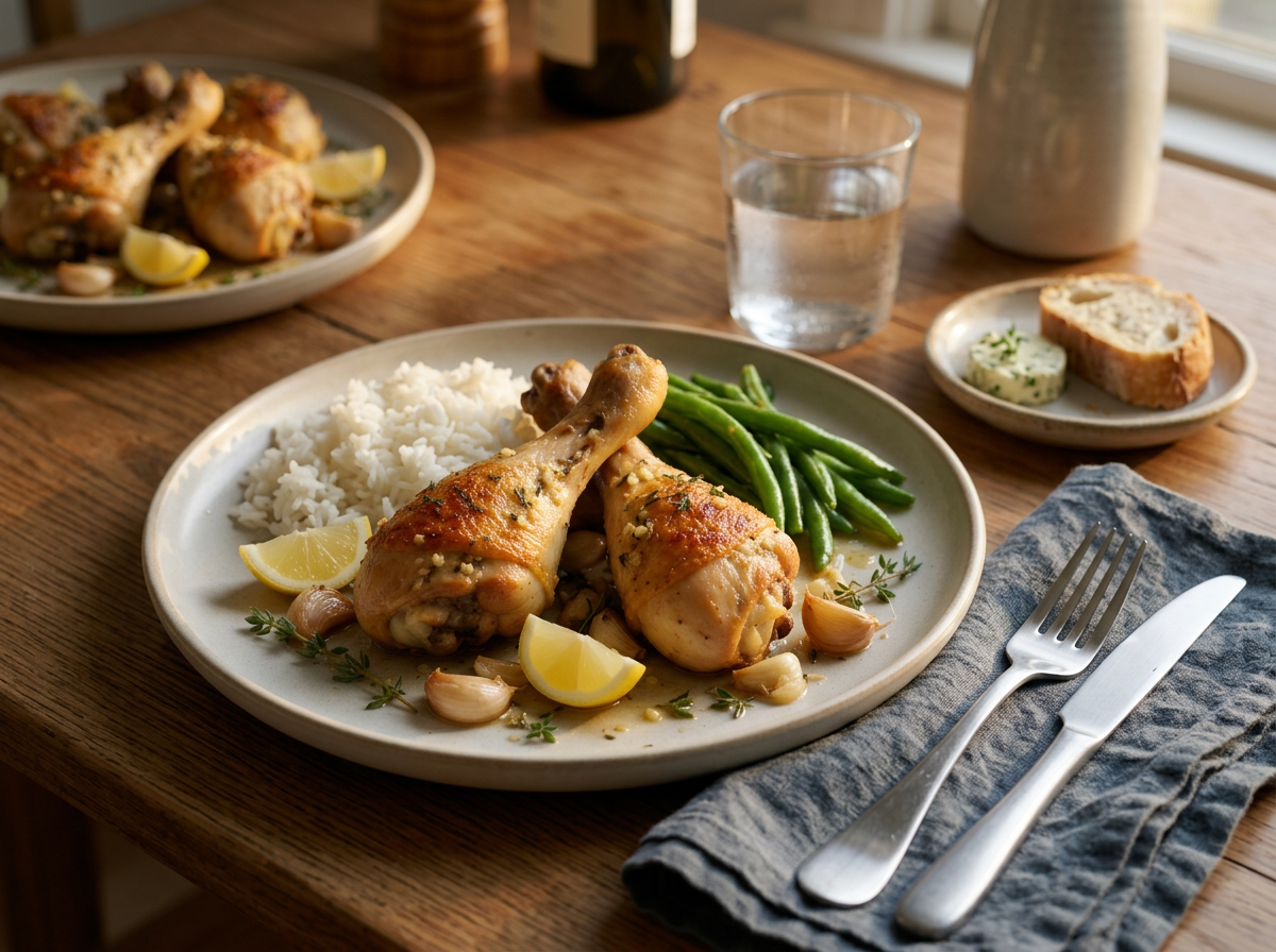 Plated chicken leg with rice and green beans on a linen-covered table, fork resting beside a glass of water
