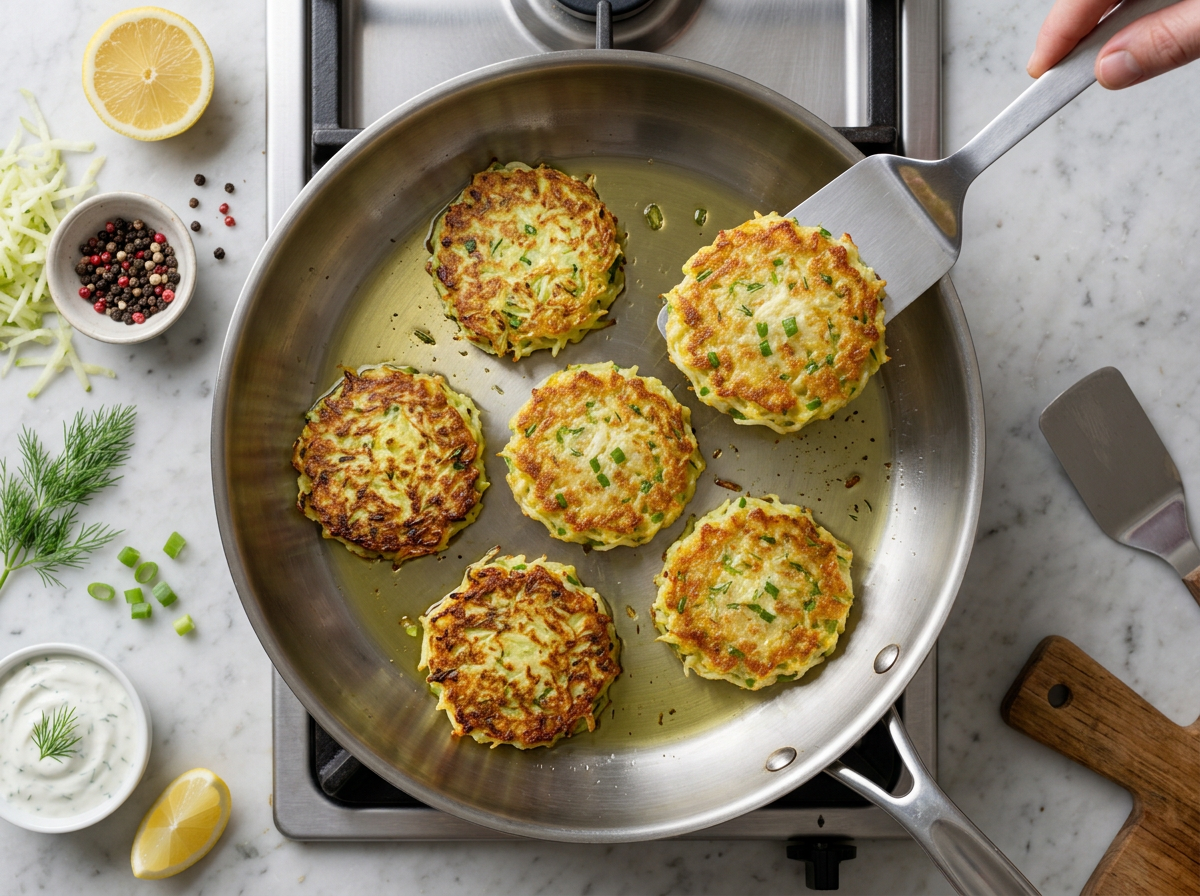 Flattened batter mounds browning in olive oil in a 12-inch nonstick skillet, spatula mid-flip