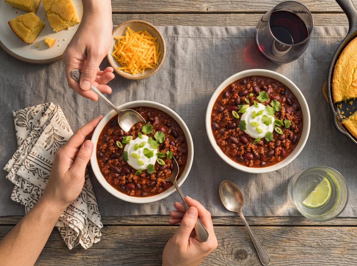 Two bowls of chili set beside a skillet of cornbread on a linen-covered table in warm window light