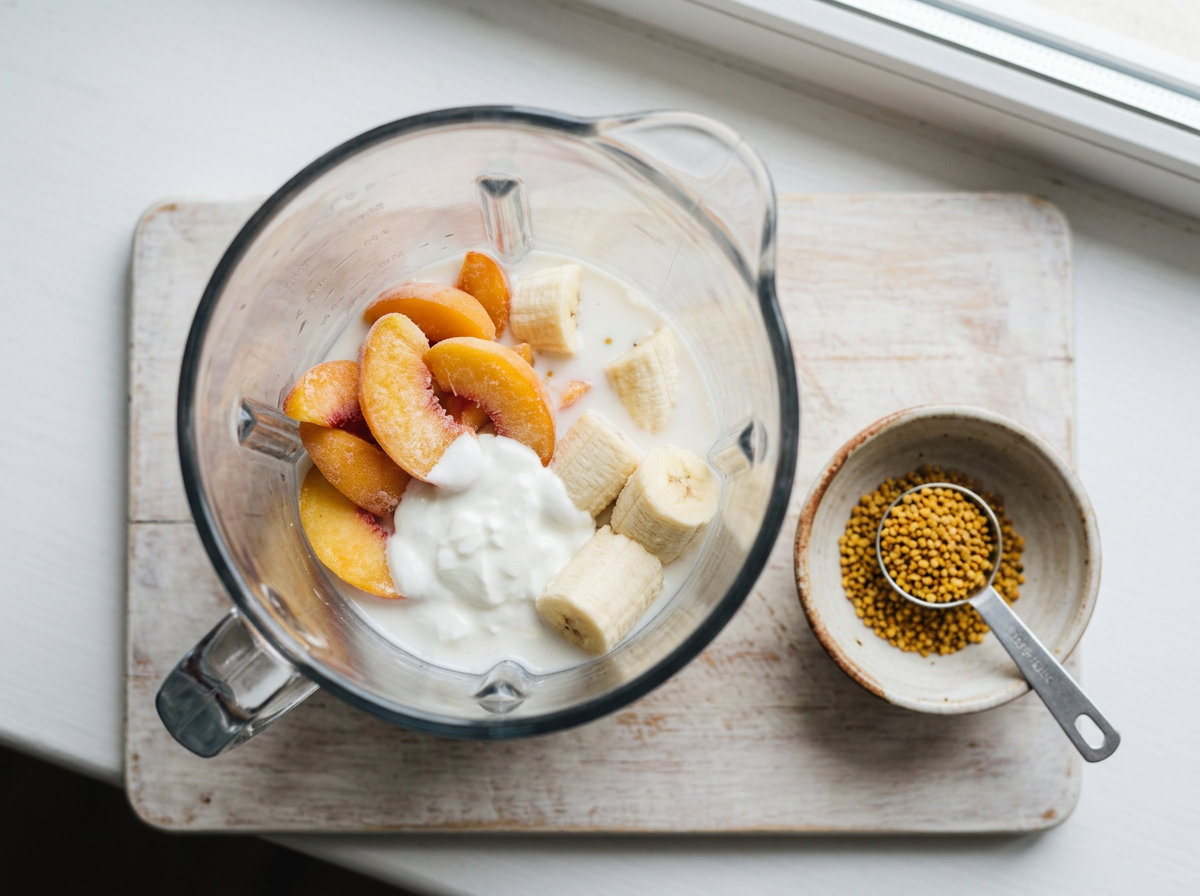 Frozen peach slices, banana chunks and yogurt in a blender jug just before blending, with a spoon of pollen nearby