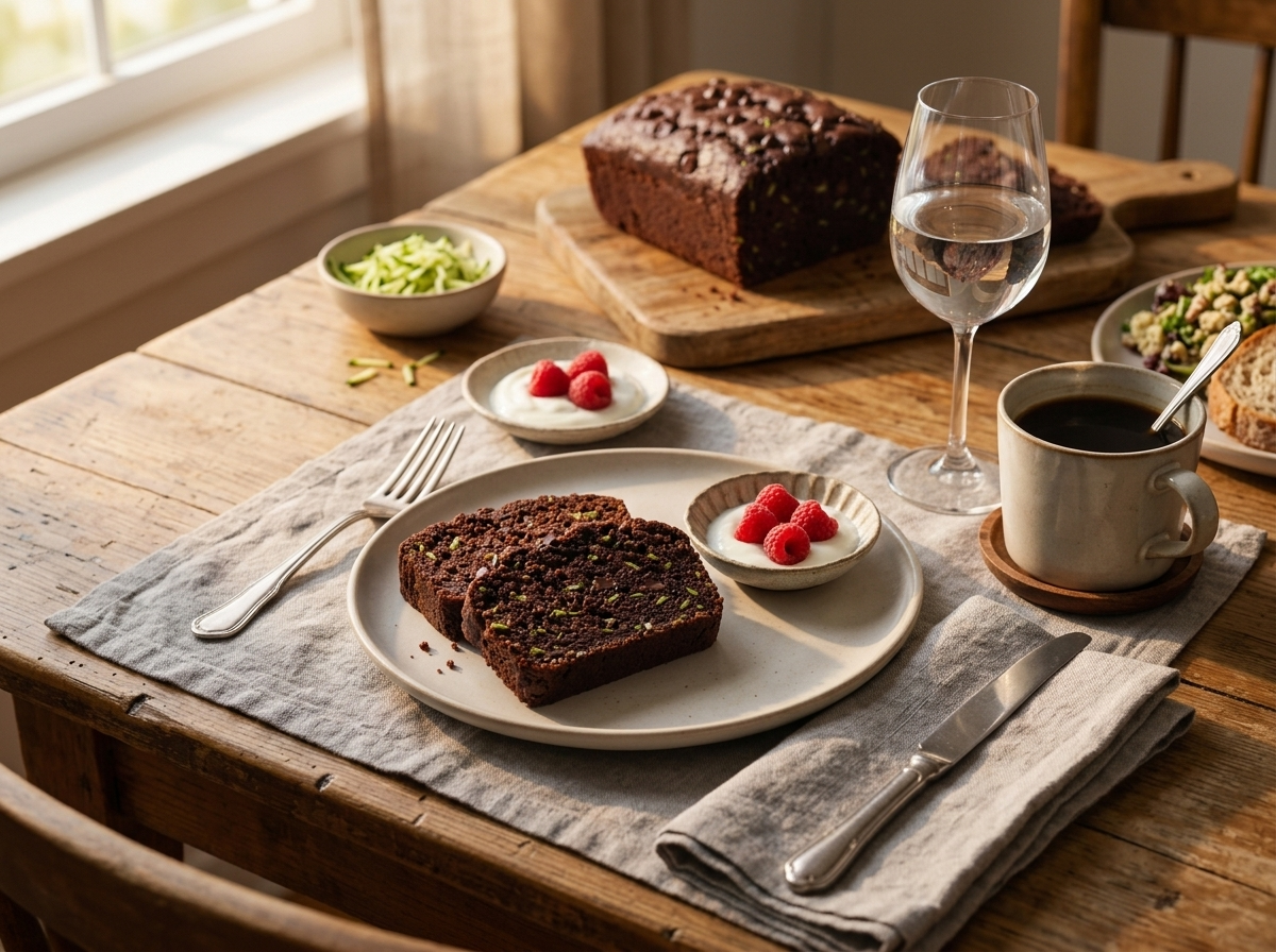 Two plated slices beside black coffee and a bowl of Greek yogurt with raspberries on a sunlit kitchen table