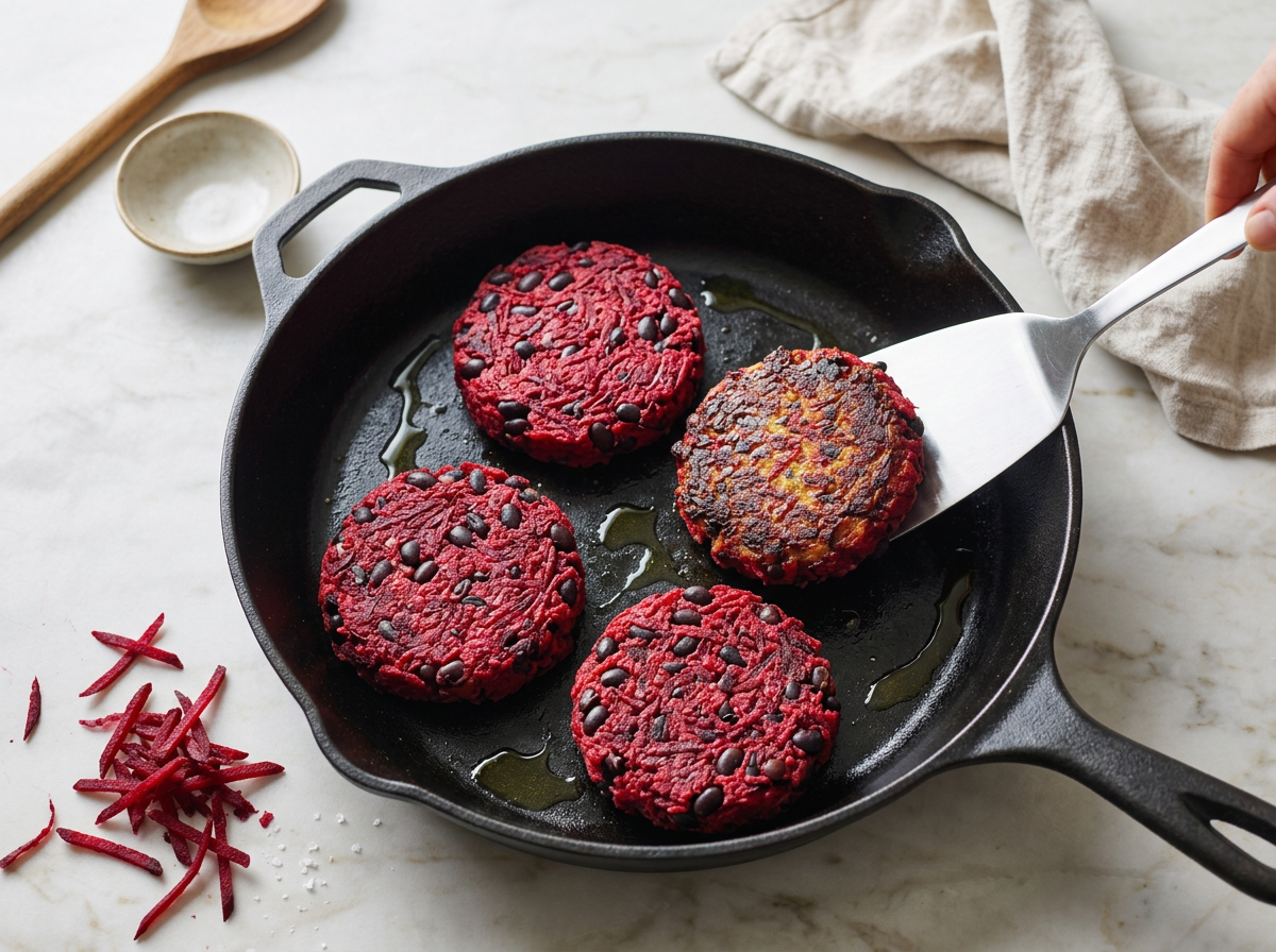 Dark red patties browning in a cast-iron skillet as a wide spatula flips one to show its crust