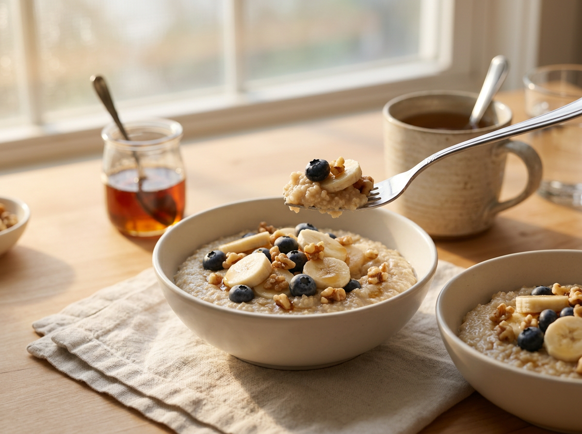 Two filled breakfast bowls on a linen napkin beside a mug of tea and a jar of maple syrup in morning light
