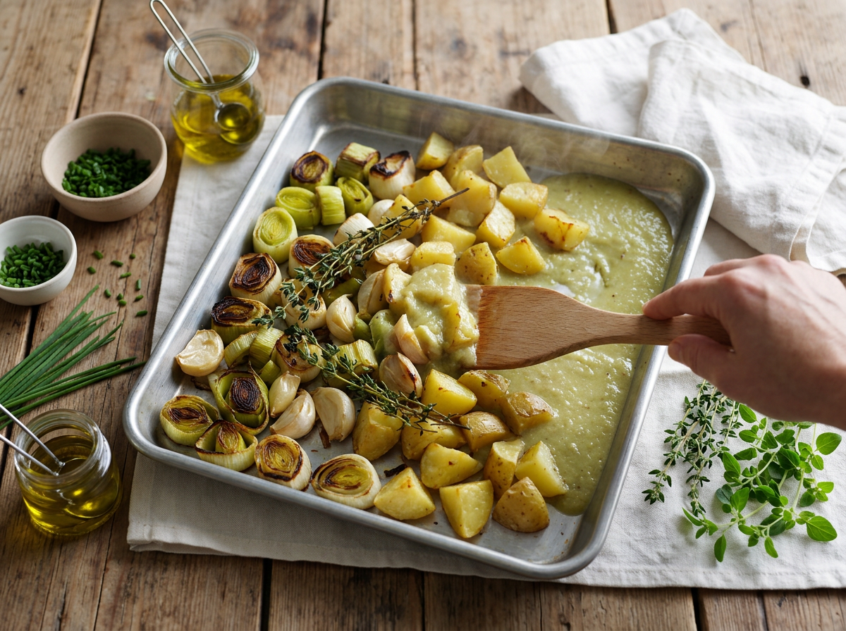 Roasted leeks, potato chunks and garlic cloves browning on a sheet pan, caught mid-stir with a spatula